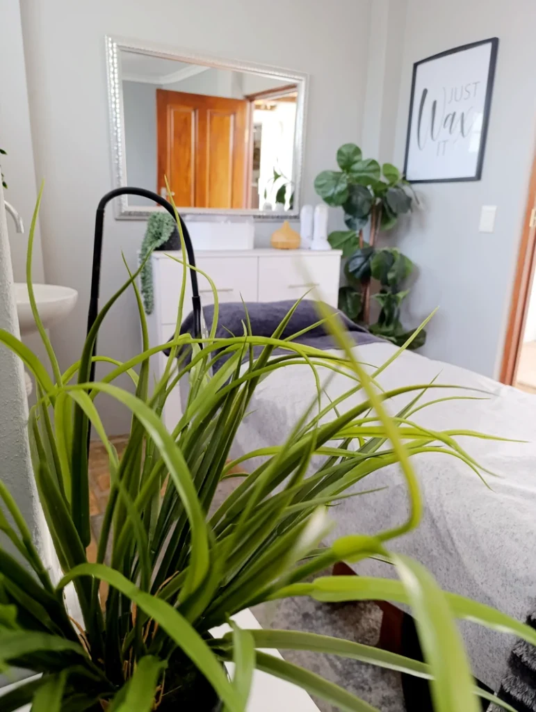 View of a relaxing beauty treatment room with modern decor and natural accents.