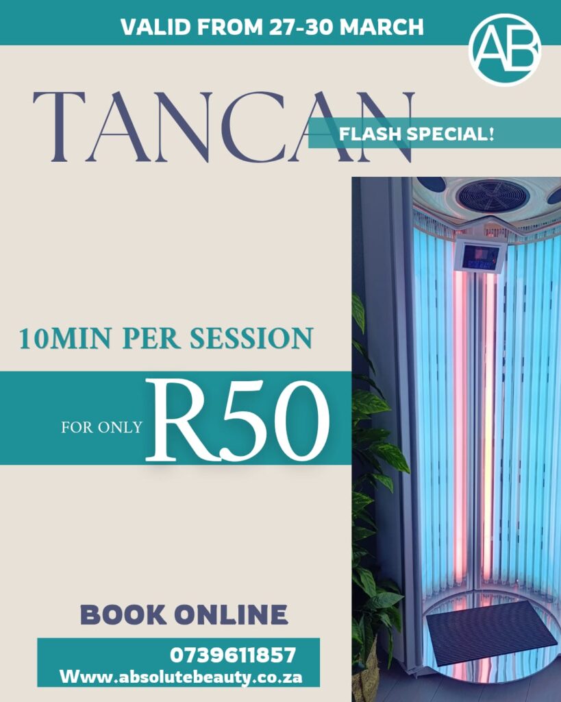 TanCan Brackenfell flash special at Absolute Beauty - indoor tanning session 10 minutes for R50